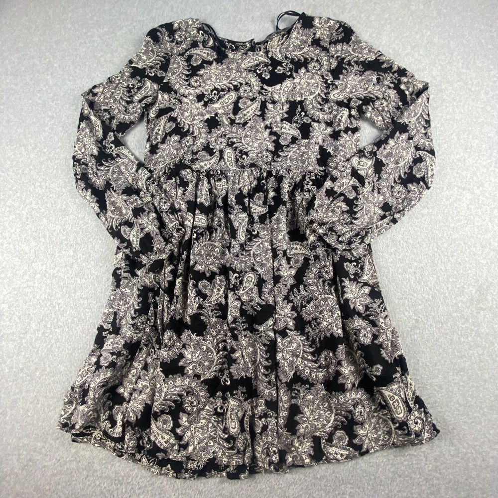 Zara Trafaluc Mini Dress Small Black White Paisley Print Long Sleeve Boho Trendy